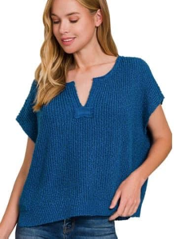 Tori Split Neck Pullover in Blue