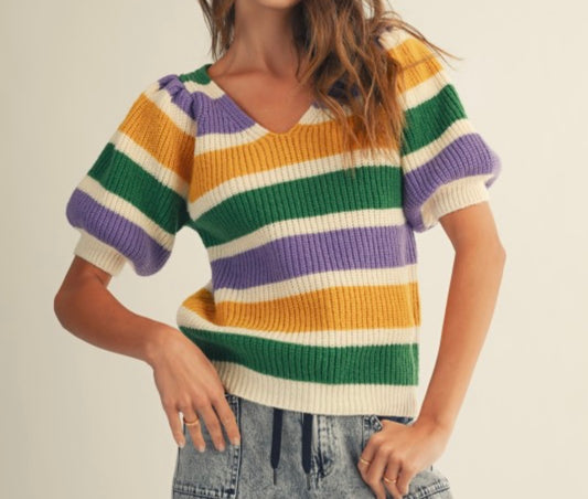 Mardi Gras Puff Sleeve Top
