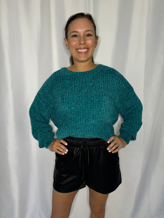 Chenille Round Neck Sweater in Teal