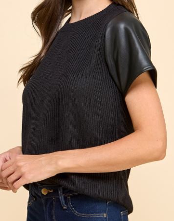 Emmie Leather Sleeve Top-Black