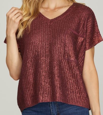 Metallic Sweater Top in Burgundy